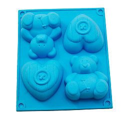 Deep Sky Blue Silicone Bear & Heart-shaped Molds Trays, with 4 Cavities, Reusable Bakeware Maker, for Fondant Baking Chocolate Candy Making, Deep Sky Blue, 172x148x30mm