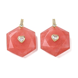Cherry Quartz Glass Cherry Quartz Glass Faceted Pendants, Hexagon Charms with Brass Pave Heart Clear Cubic Zirconia Findings, Golden, 38x28.5x13mm, Hole: 5.5x4.5mm