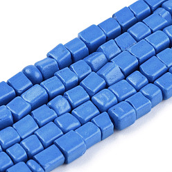 Royal Blue Opaque Spray Painted Glass Bead Strands, Rectangle, Royal Blue, 2~4.5x3.5~4x3.5~4mm, Hole: 1.2mm, about 105~110pcs/strand, 14.88 inch~15.28 inch(37.8~38.8cm)