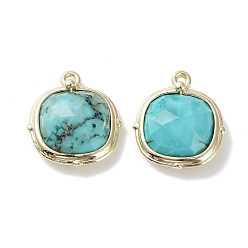 Синтетическая Бирюза Подвески из синтетической бирюзы, граненые квадратные подвески, с позолоченными латунными петлями по краям, 16x14x5 мм, отверстие : 2 мм
