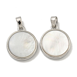 Платина Стойки с латунным покрытием, подвески из натуральных белых ракушек с паве, плоско-круглые, платина, 17.5x15x3.5 мм, отверстие : 5 мм