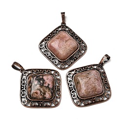 Родонит Подвески-ромбы из натурального родонита, с винтажной латунной рамкой красного медного оттенка, 39x36.5x7~8 мм, отверстие : 8.5x5 мм