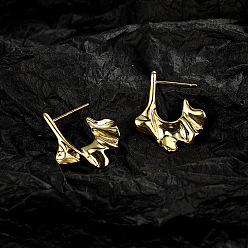 golden color Irregular C-shaped Half-circle Stud Earrings with Volcanic Lava Geometric Design, Versatile and Elegant.
