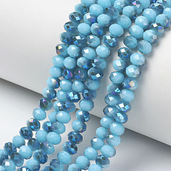 Deep Sky Blue Electroplate Opaque Solid Color Glass Beads Strands, Half Plated, Blue Plated, Faceted, Rondelle, Deep Sky Blue, 8x6mm, Hole: 1mm, about 65~68pcs/strand, 15.7~16.1 inch(40~41cm)