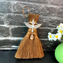 Angel & Fairy Wood Wicca Broom Car Hanging Decoration, with Alloy Decoration and Teardrop Glass Charm, Angel & Fairy, 140x90mm