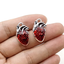 Red Alloy Enamel Pendants, Antique Silver, Heart Charm, Red, 25x16mm