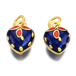 Dark Blue Alloy Enamel Charms, Cadmium Free & Lead Free, with Jump Rings, Matte Gold Color, Strawberry, Dark Blue, 12x9.5x6mm, Jump Ring: 5x1mm, 3mm inner diameter