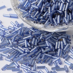 Cornflower Blue Silver Lined Glass Bugle Beads, Round Hole, Cornflower Blue, 6~7x1.5~2mm, Hole: 0.5mm, about 12500pcs/bag