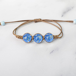 Dodger Blue Triple Round Glass Braided Bead Bracelet, Pressed Flower Adjustable Bracelet for Women, Dodger Blue, Beads: 12mm