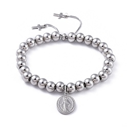 Stainless Steel Color Adjustable 304 Stainless Steel Slider Bracelets, Bolo Bracelets, Cross & Oval with Virgin Mary, Stainless Steel Color, 10-3/8 inch(26.2cm)