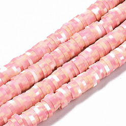 Pink Brin de perles pate polymère faits à la main , pour les fournitures de bricolage bijoux artisanat, perles heishi, disque / plat rond, rose, 6x0.5~1mm, Trou: 1.8mm, Environ 320~447 pcs/chapelet, 15.75 pouces ~ 16.14 pouces (40~41 cm)