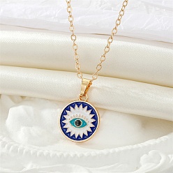 Dark Blue Alloy Enamel Flat Round with Evil Eye Pendant Necklace, Golden Iron Jewelry for Women, Dark Blue, 19.69 inch(50cm)