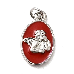 Красный Латунь эмаль подвески, овальные с ангелом, стойки покрытие, долговечный, без кадмия и без свинца, платина, с целью перехода в кольце, красные, 15.5x9.5x2.5 мм, отверстие : 3 мм