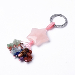 Rose Quartz Rose Quartz Star with Mixed Gemstone Chips Beaded Tassel Keychains, with 304 Stainless Steel Ring Clasps, 9.5~10cm