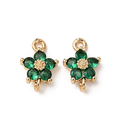 Зеленый Шармы-соединители из латуни с паве из кубического циркония, цветок ссылки, реальный 18 k позолоченный, зелёные, 12x8x3 мм, отверстие : 1.2 мм