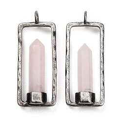 Rose Quartz Natural Rose Quartz Pendants, Faceted Pointed Bullet Charms with Brass Rectangle Frame, Antique Silver, 42.5x17x6mm, Hole: 3.6mm