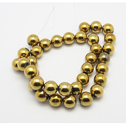 Golden Plated Non-Magnetic Synthetic Hematite Beads Strands, Grade A, Round, Golden Plated, Size: about 12mm in diameter, hole: 1mm, about 35pcs/strand, 15.7 inch
