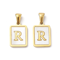 Letter R Ion Plating(IP) 304 Stainless Steel Pave Shell Pendants, Rectangle Charm, Real 18K Gold Plated, Letter R, 17.5x12x1.5mm, Hole: 3x5mm