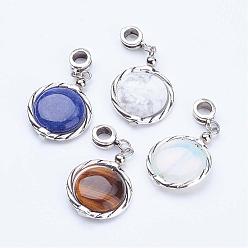 Mixed Stone Tibetan Style Alloy European Dangle Charms, with Gemstone and Alloy Linking Rings, Flat Round, 42mm, Hole: 5mm