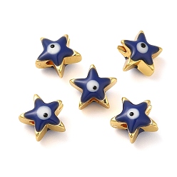 Prussian Blue Golden Tone Brass Enamel Beads, Cadmium Free & Lead Free, Long-Lasting Plated, Star with Evil Eye, Prussian Blue, 8x8x5mm, Hole: 1.4mm