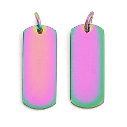 Rainbow Color 304 Подвески из нержавеющей стали с ионным покрытием (IP), с целью перехода в кольце, зеркальная полировка, прямоугольный шарм, штамповка пустой метки, Радуга цветов, 20x8x1 мм, отверстие : 3.5 мм