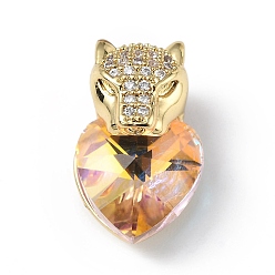 Pink Real 18K Gold Plated Rack Plating Brass Micro Pave Clear Cubic Zirconia Pendants, with Glass, Long-Lasting Plated, Cadmium Free & Lead Free, Leopard with Heart Charm, Pink, 20x12x10.5mm, Hole: 5x4mm