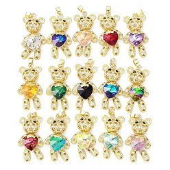 Mixed Color Real 18K Gold Plated Rack Plating Brass Micro Pave Cubic Zirconia Pendants, with Glass, Long-Lasting Plated, Cadmium Free & Lead Free, Bear with Star Pattern, Mixed Color, 38x19.5x9mm, Hole: 3.5x5mm