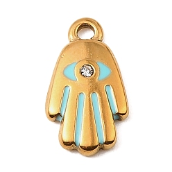 Светло-Голубой 304 нержавеющей стальной эмали подвески, рука хамса с оберегами от сглаза, со стразами, золотые, Небесно-голубой, 16.5x9x2.5 мм, отверстие : 1.6 мм