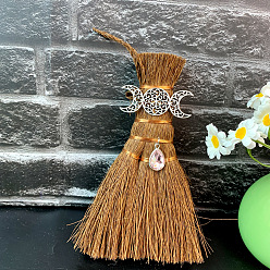 Moon Wood Wicca Broom Car Hanging Decoration, with Alloy Decoration and Teardrop Glass Charm, Moon, 140x90mm