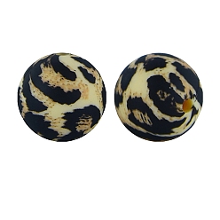 Dark Khaki Round with Leopard Print Pattern Food Grade Silicone Beads, Silicone Teething Beads, Dark Khaki, 15mm