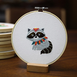 Raccoon DIY Embroidery Kits, Including Printed Cotton Fabric, Embroidery Thread & Needles, Embroidery Hoop, Raccoon Pattern, 160mm