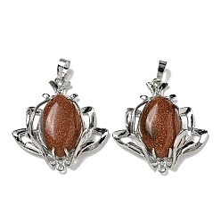 Камень с Пылевым Золотом Синтетические голдстоуновские подвески, подвески-цветы со стойкой, фурнитура из латуни, платина, без кадмия и без свинца, 37x35x10 мм, отверстия : 8x5 mm и 1.6 мм