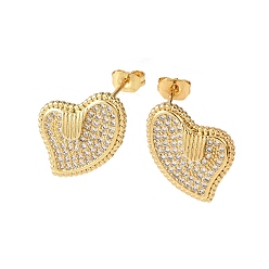Прозрачный Сердце из латуни микро проложить кубического циркония серьги стержня, реальный 16 k позолоченный, прозрачные, 13x15 мм