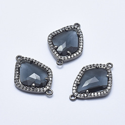 Black Brass Micro Pave Cubic Zirconia Links, with Glass, Faceted, teardrop, Gunmetal, Black, 27x18x4.5mm, Hole: 1.4mm