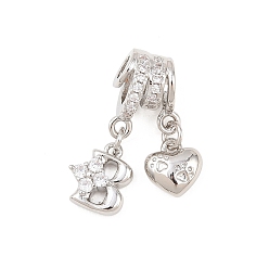 Letter B Латунные микропаве прозрачные подвески с фианитом, сердце прелести, долговечный, стойки покрытие, без кадмия и без свинца, платина, В письме, 23.5 мм, отверстия : 3 mm и 4 мм, Сердце: 8.5x8x3.5 mm, Письмо: 10x9x3.5 мм