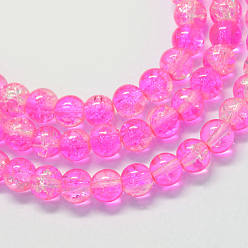 Hot Pink Baking Painted Transparent Crackle Glass Round Bead Strands, Hot Pink, 8.5~9mm, Hole: 1.5mm, about 105pcs/strand, 31.8 inch
