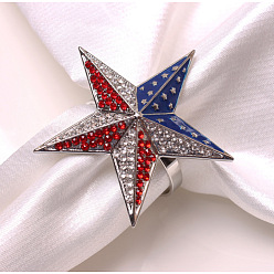 Star Independence Day Alloy Crystal Rhinestone Napkin Rings with Enamel, Napkin Holder Adornment, for Dinner Party Table Decoration Housewarming , Star Pattern, 56x40x43mm