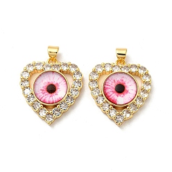 Pearl Pink Real 18K Gold Plated Brass Pendants, with Glass and Acrylic, Heart with Evil Eye Charms, Pearl Pink, 26x22.5x7mm, Hole: 4.5x3.5mm