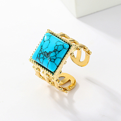 Rectangle Real 18K Gold Plated Stainless Steel Open Cuff Rings, with Synthetic Turquoise, Rectangle, no size