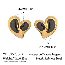Черный Серьги-гвоздики в форме сердца из нержавеющей стали, реальный 18 k позолоченный, с эмалью, чёрные, 18.7x22.5 мм
