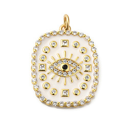 Seashell Color Rack Plating Brass Pave Cubic Zirconia Enamel Pendants, with Jump Ring, Lead Free & Cadmium Free, Real 18K Gold Plated, Long-Lasting Plated, Rectangle with Eye Pattern Charm, Seashell Color, 26x20x2.5mm, Hole: 3.4mm