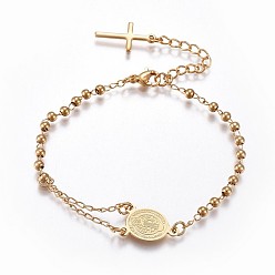 Golden 201 Stainless Steel Charm Bracelets, Religion Theme, Oval and Cross, Rosary Center Pieces, Golden, 6-3/4 inch(17~17.2cm), 2.8mm