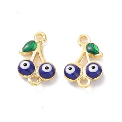 Marine Blue Brass Enamel Connector Charms, Real 18K Gold Plated, Cherry with Evil Eye Pattern, Marine Blue, 7.5x11.5x3mm, Hole: 1.2mm