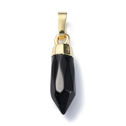 Black Onyx Natural Black Onyx(Dyed & Heated) Pendants, Faceted Cone Charms with Rack Plating Golden Plated Brass Snap on Bails, Cadmium Free & Lead Free, 21x6mm, Hole: 3.5x6mm