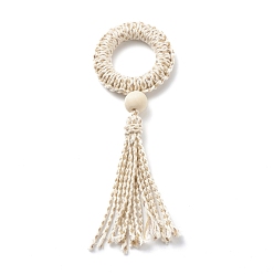 Antique White Ring Macrame Cotton Cord Pendant Decorations, with Natural Wood Beads, Antique White, 165mm