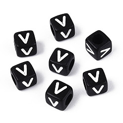 Letter V Начальные акриловые бусины с горизонтальной дырочкой, кубические, чёрные, Буква V, 6x6x6 мм, отверстие : 3.5 мм, 3330 шт / 500 г