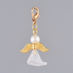 White Guardian Angel Pendant Decorations, with Acrylic, Glass Pearl Beads, Light Gold Plated Zinc Alloy Lobster Claw Clasps and Alloy Beads, White, 39mm