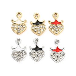 Mixed Color UV Plating Alloy Enamel Pendants, with Crystal Rhinestone, Heart with Crown Charms, Mixed Color, 13.5x9x2mm, Hole: 1.4mm