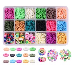 Gemischte Farbe 126g 15 Farben handgemachte Fimo-Perlen, heishi Perlen, für DIY Schmuck Bastelbedarf, Gemischte Farbe, 6x1 mm, Bohrung: 2 mm, 126 g / box