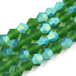 Green Imitate Austrian Crystal Bicone Frosted Glass Beads Strands, Grade AA, Faceted, Green, 4x4mm, Hole: 1mm, about 87~89pcs/strand, 13.19~13.39 inch(33.5~34cm)